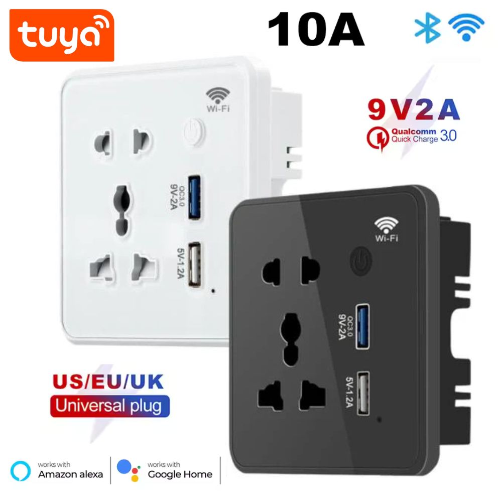 Tuya Smart WiFi Universal Wall Socket (10A) with Quick Charge 3.0 USB | Voice Control & App Timer | Works with Alexa & Google Home
