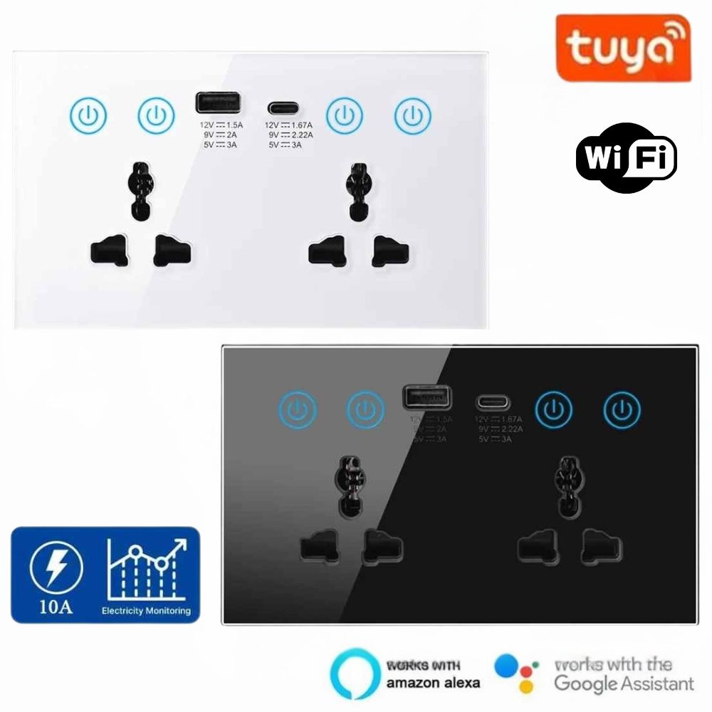 Tuya Smart WiFi Dual Socket | Universal Plug US/EU/UK | Power Monitor | Works with Alexa & Google | 13A Gang | Tuya App | Black & White