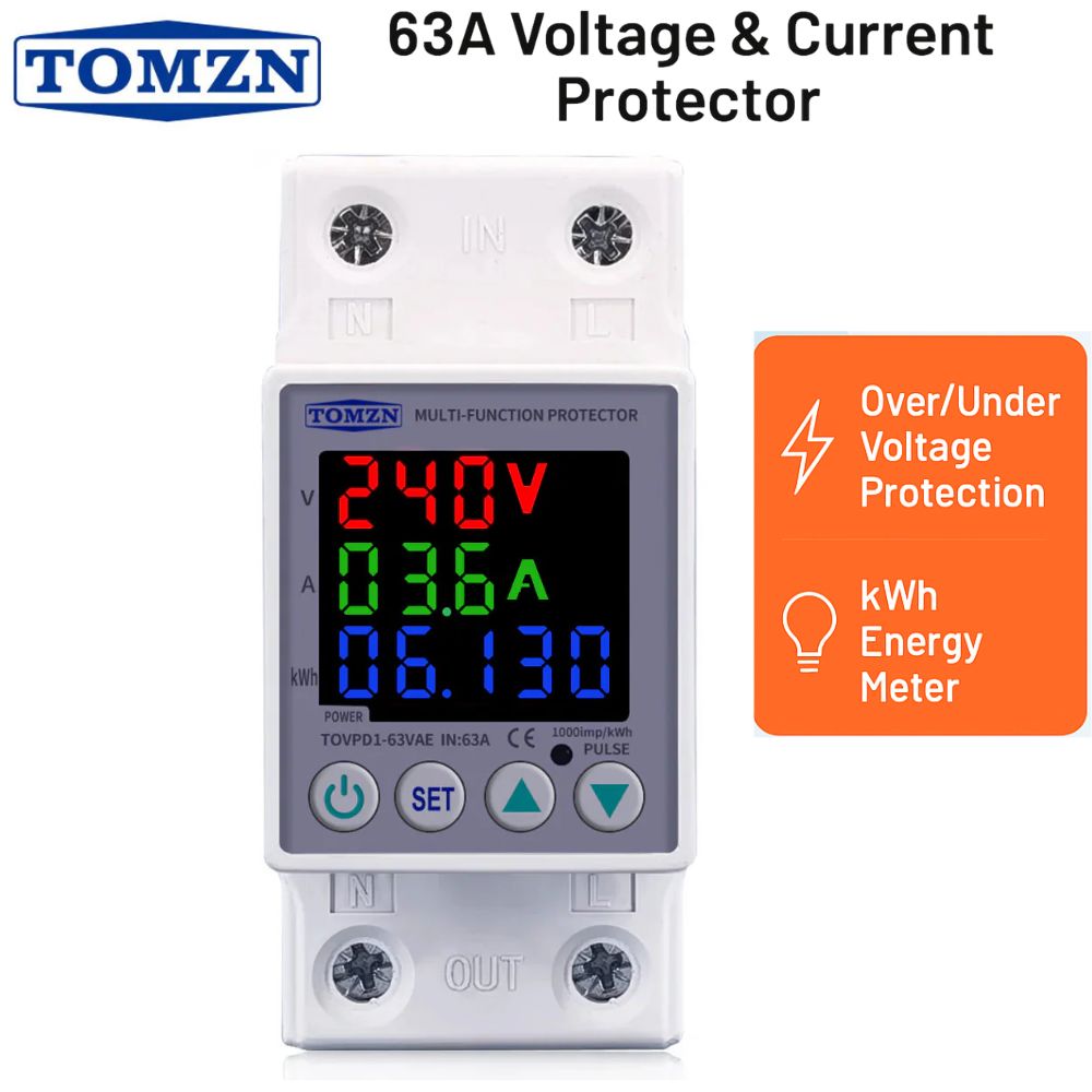 TOMZN 63A KWH Voltage Protector – Digital kWh Meter, Over/Under Voltage Protection, LCD Display - TOVPD1-63VAE