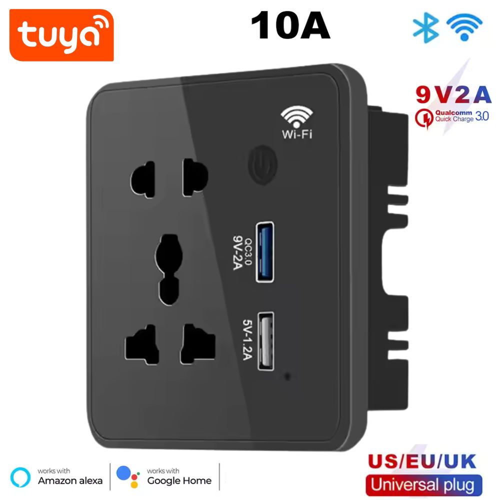 Tuya Smart WiFi Universal Wall Socket (10A) with Quick Charge 3.0 USB | Voice Control & App Timer | Works with Alexa & Google Home
