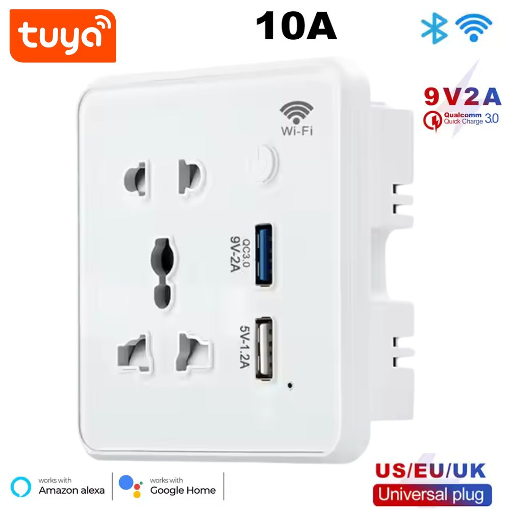 Tuya Smart WiFi Universal Wall Socket (10A) with Quick Charge 3.0 USB | Voice Control & App Timer | Works with Alexa & Google Home