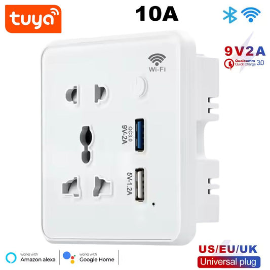 Tuya Smart WiFi Universal Wall Socket (10A) with Quick Charge 3.0 USB | Voice Control & App Timer | Works with Alexa & Google Home