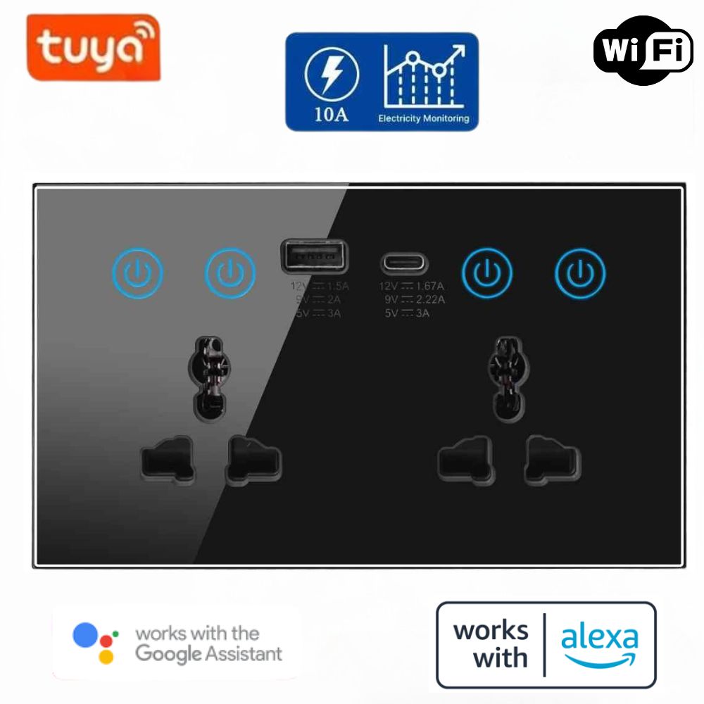 Tuya Smart WiFi Dual Socket | Universal Plug US/EU/UK | Power Monitor | Works with Alexa & Google | 13A Gang | Tuya App | Black & White