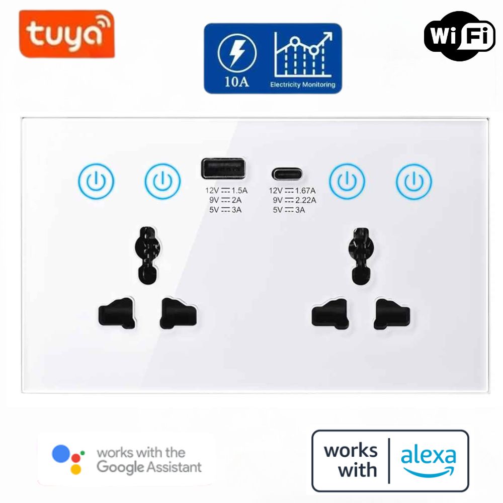 Tuya Smart WiFi Dual Socket | Universal Plug US/EU/UK | Power Monitor | Works with Alexa & Google | 13A Gang | Tuya App | Black & White