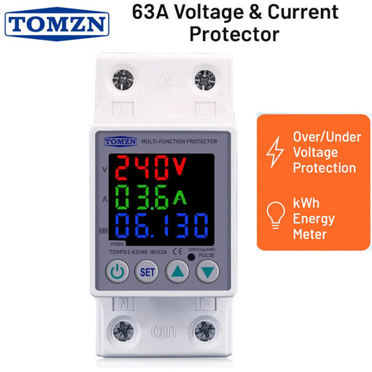 TOMZN 63A KWH Voltage Protector – Digital kWh Meter, Over/Under Voltage Protection, LCD Display - TOVPD1-63VAE